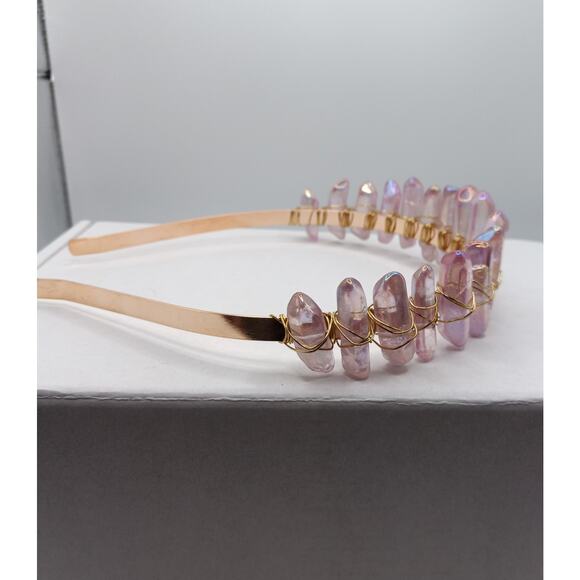 Gold Tone Quartz Crystal Tiara Headband – Electroplated Gemstone Crown - Picture 4 of 5